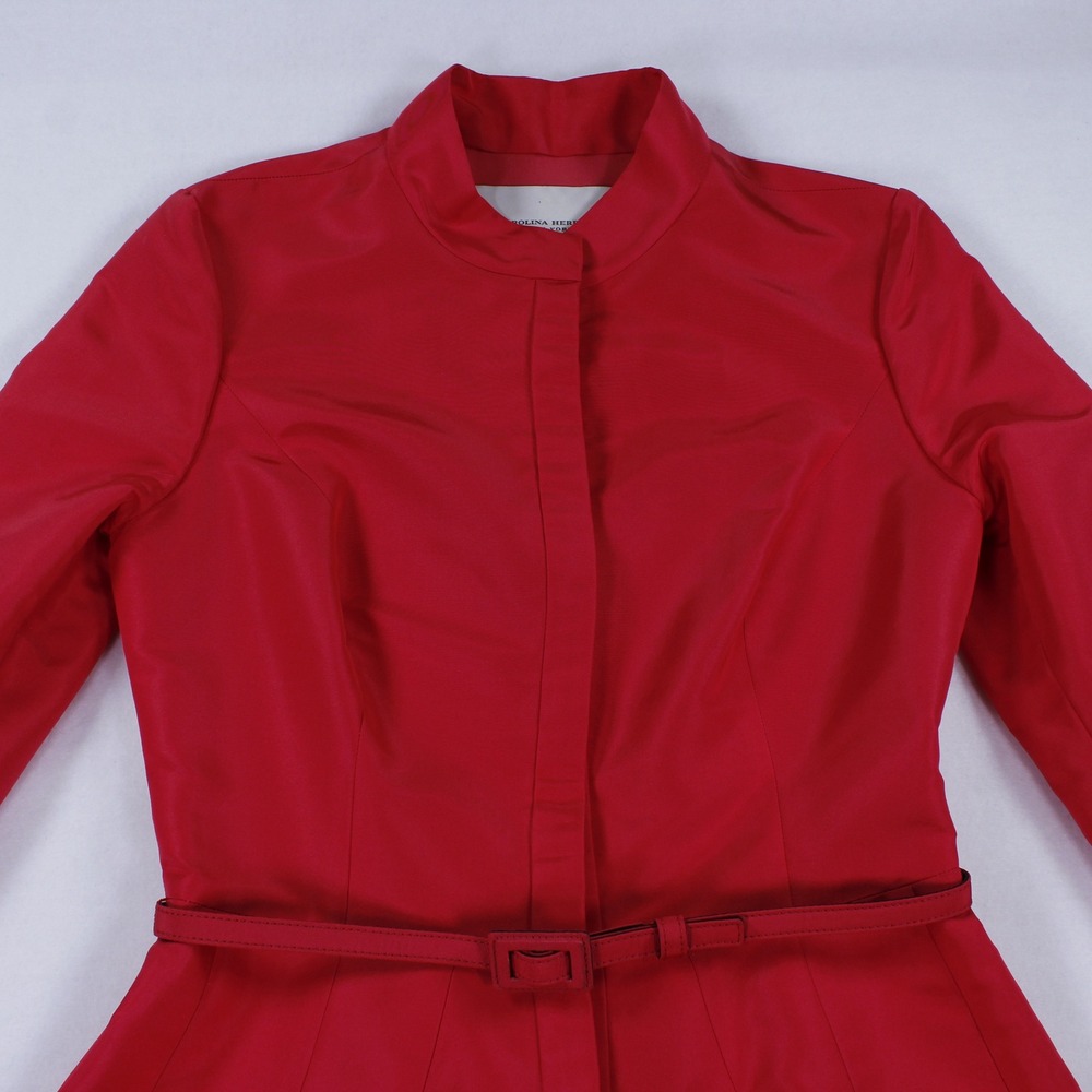 Carolina Herrera Red 100% Silk Embroidered Belted A-Line Shirt Dress Sz 6 - Picture 5 of 11